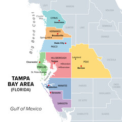 Tampa Bay area, Florida, United States, multi colored political map. Major metropolitan area surrounding Tampa Bay on the Gulf Coast of Florida. Map with counties, their capitals, and major cities.