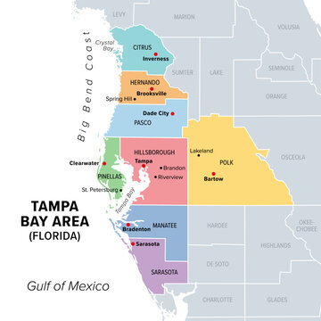 Tampa Bay area, Florida, United States, multi colored political map. Major metropolitan area surrounding Tampa Bay on the Gulf Coast of Florida. Map with counties, their capitals, and major cities.