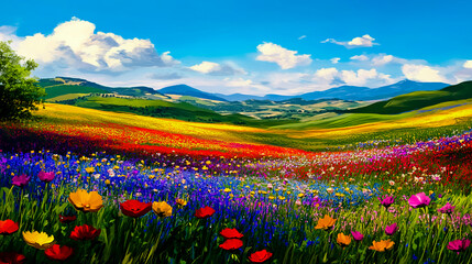Beautiful colorful landscape showcasing vast fields of blooming flowers in vibrant hues.