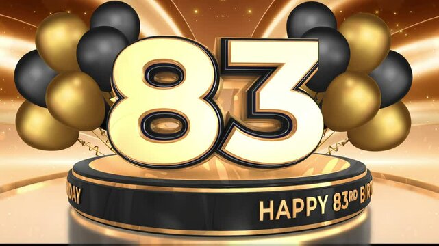 83 years, 83rd birthday loop, looped video background, backdrop in 3D Gold with balloons
