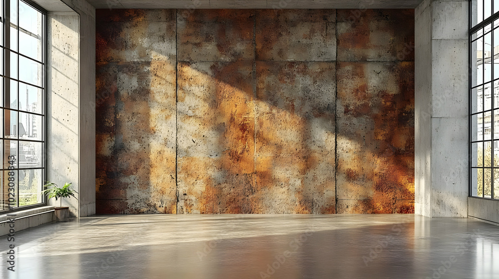 Sticker Modern industrial interior with a textured rust wall and natural light.