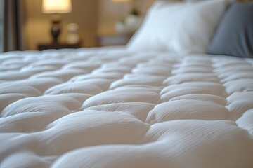 Fototapeta premium Close-up of a soft white mattress. Great for showcasing comfort and luxury in bedding advertisements.