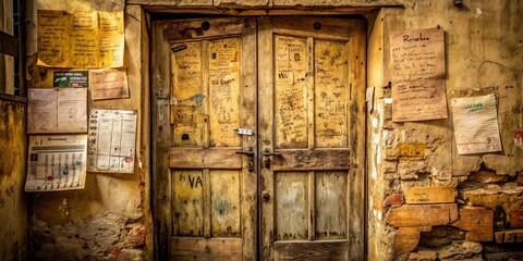 A weathered wooden door with handwritten messages and worn posters, reflecting a history of countless stories and forgotten voices.