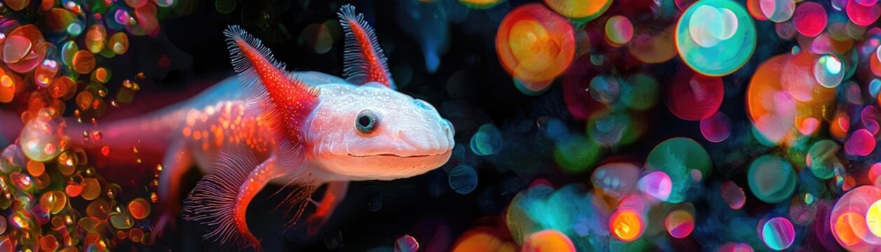 A vibrant axolotl swims through a colorful underwater scene, showcasing its unique features amidst a backdrop of bubbles.