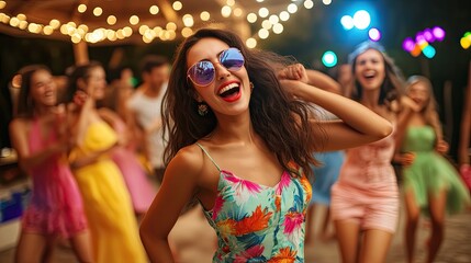 Obraz premium A joyful woman dances at a vibrant summer party, wearing sunglasses and a colorful dress amidst friends and festive lights.