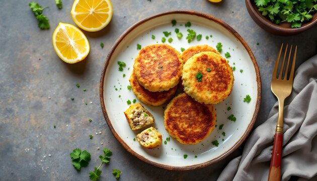 Keftes de Prasa Leek Patties on a Plate with Lemon Slices (Jewish Cuisine)
