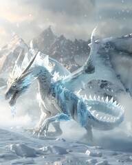 Majestic Ice Dragon Soaring Through Frozen Landscape in Whimsical Fantasy Scene