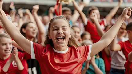 Fototapeta premium A joyful young girl celebrates passionately in a vibrant crowd, showcasing unity and excitement at a sports event.