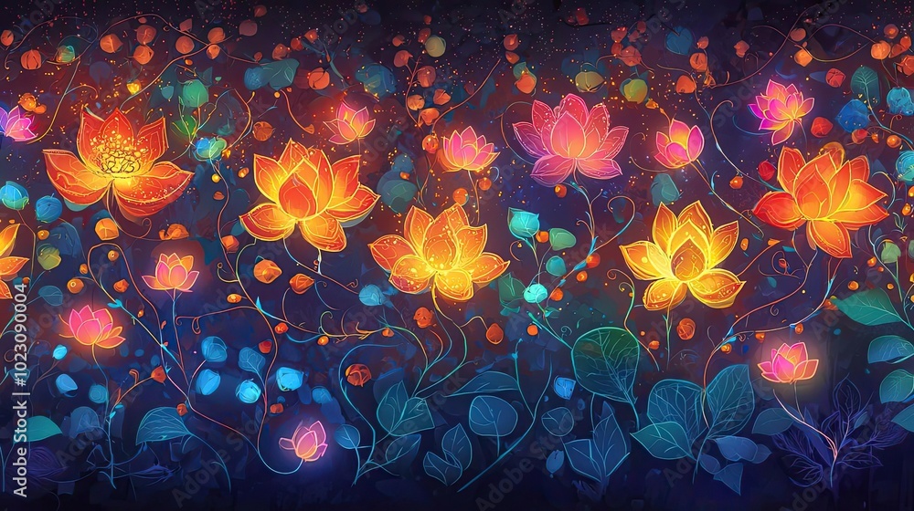 Poster a vibrant illustration of colorful flowers glowing against a dark background, creating a whimsical a