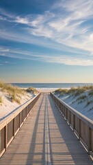 Scenic beach boardwalk with dunes and ocean views background for invitation or card screensaver