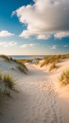 Sandy pathway through dunes leading to ocean background for invitation or card screensaver