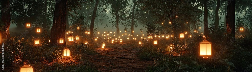 Poster A serene forest path illuminated by glowing lanterns, creating a magical and enchanting atmosphere in nature.