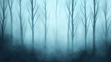 Obraz premium A misty forest scene with bare trees creates an eerie and tranquil atmosphere, perfect for evoking mystery and solitude.