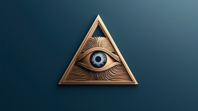 Abstract eye within a gold triangular frame on a dark blue background, featuring intricate line patterns and a central circular design resembling a sun.