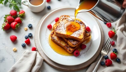 Challah French Toast Topped with Maple Syrup and Fresh Berries (Jewish Cuisine)