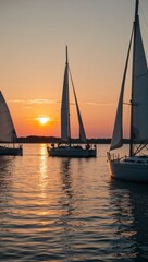 Sunset over calm water with sailing boats background for invitation or card screensaver