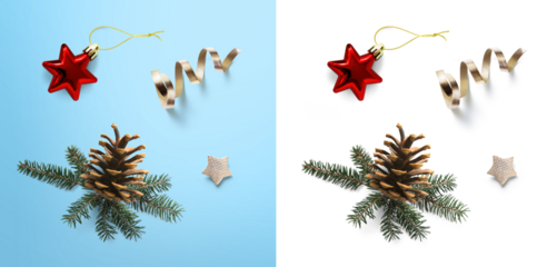 Art art Christmas tree branch and pine cone and Christmas decoration. Holidays design element isolated on transparent background. True neutral soft sheer shadow