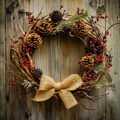 A country primitive Christmas wreath made of natural materials, such as pinecones, dried berries, and twigs, displayed against a rustic wooden background.