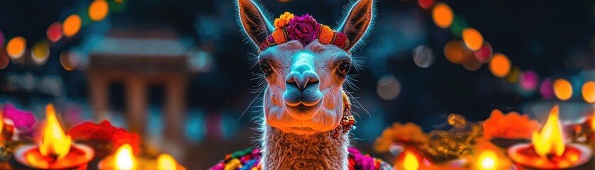 A beautifully adorned llama wearing flower garlands, surrounded by vibrant lights and candles, showcasing cultural celebration.