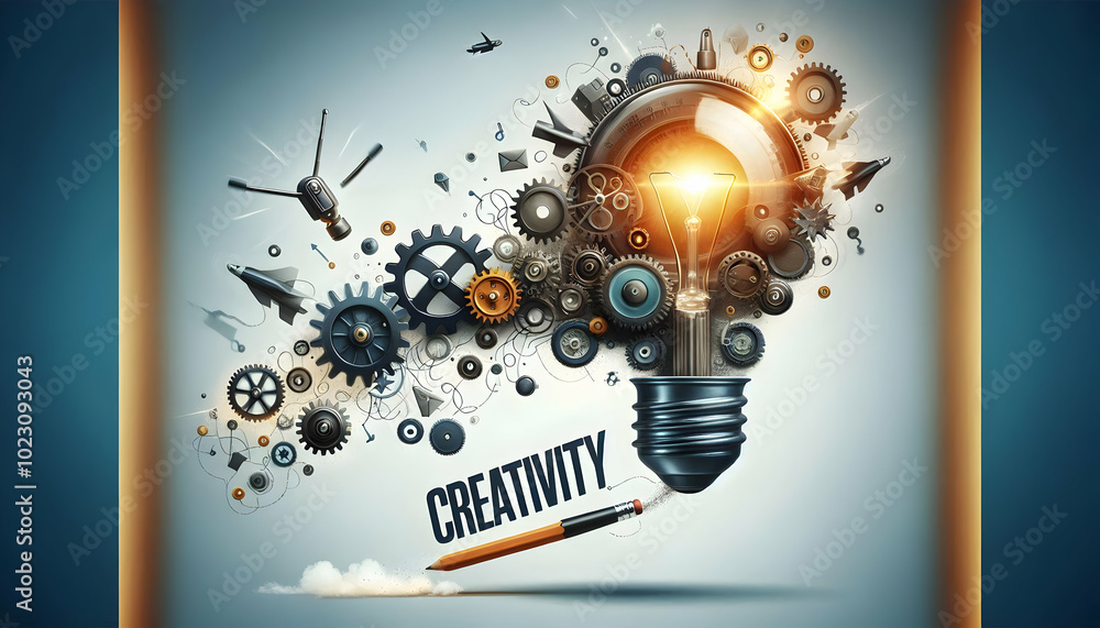 Poster vector design of a floating light bulb and cogwheel with the word 'creativity' prominently displayed