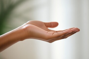 Woman handing over something on neutral background