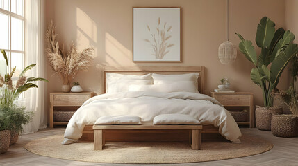 Cozy bedroom with natural decor and warm tones.