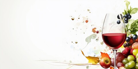 Elegant red wine glass with fresh fruits and vibrant splashes, perfect for a sophisticated dining experience or wine-related themes.