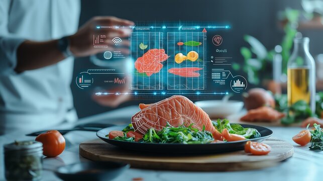 A modern culinary scene featuring fresh ingredients with digital food analysis for innovative cooking and health insights.