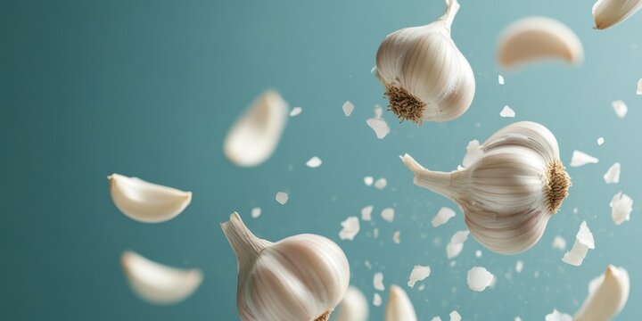 Fresh garlic cloves and pieces falling against a vibrant backdrop, highlighting culinary freshness and flavor enhancements.