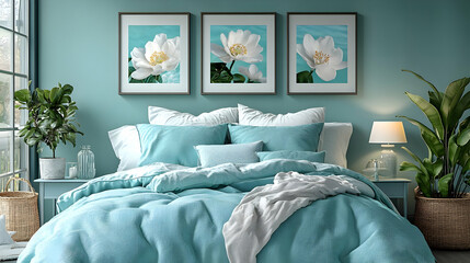 Cozy bedroom with turquoise decor and floral wall art.