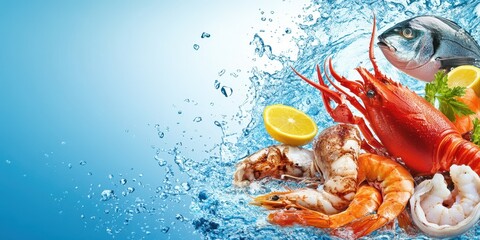 Fresh seafood arrangement with shrimp, fish, and lobster splashing in water, garnished with lemon on a vibrant blue background.