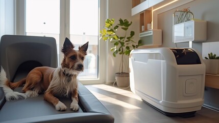 A cozy dog lounges comfortably in a stylish home interior beside an automated pet chipping station designed for easy pet identification