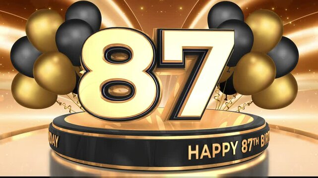 87 years, 87th birthday loop, looped video background, backdrop in 3D Gold with balloons
