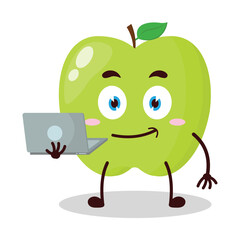 cute success business expression of green apple cartoon carry laptops cartoon character