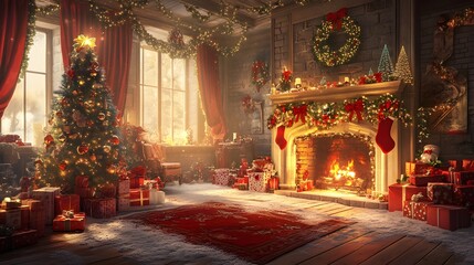 Fototapeta premium A festive scene featuring a detailed Christmas backdrop adorned with unique holiday decorations and complex patterns, enhancing the holiday spirit and charm 