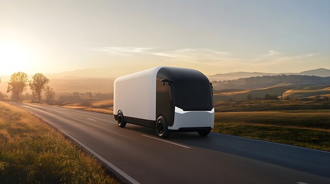 A streamlined delivery van positioned on a clear road, highlighting its simplicity and efficiency in transport management, surrounded by a calm and unobstructed environment 