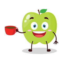cute cheerful expression of green apple cartoon carry cup of coffee cartoon character