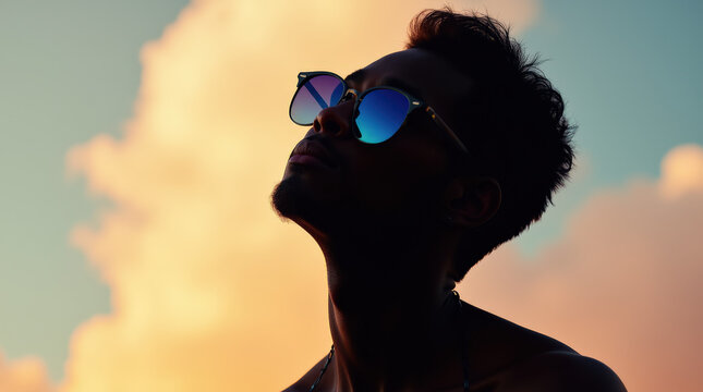Stylish Silhouette Portrait with Sunglasses Reflection Against Vibrant Colored Background Featuring Trendy, Modern Fashion Concepts and Sky-Cloud Reflections in Eyewear