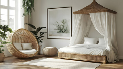 Cozy bedroom with natural decor and a relaxing atmosphere.