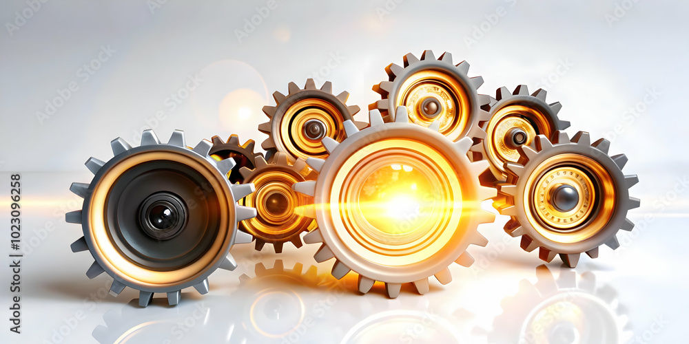 Poster 3d glowing abstract marketing gear with interconnected cogs turning - a sleek visual of marketing op