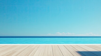 Fototapeta premium A serene view of a tranquil ocean with a clear blue sky and wooden deck, perfect for relaxation and vacation inspiration.