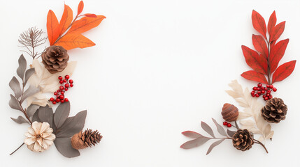 Elegant Autumn Frame with Leaves, Acorns, and Pinecones - A stylish, minimalistic autumn arrangement featuring delicate dried leaves in shades of burnt orange and deep red, small p