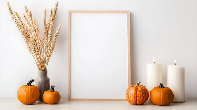 Minimalist Fall Decor - A cozy home interior with a minimalist frame mockup, surrounded by warm autumnal decorations like small pumpkins, a vase filled with wheat stalks, and a fli