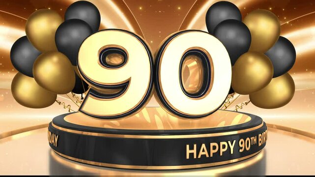 90 years, 90th birthday loop, looped video background, backdrop in 3D Gold with balloons

