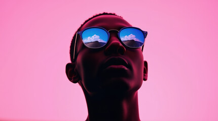 Silhouette of Person Wearing Sunglasses Reflecting Sky with Colorful Background – Modern Image for Creative Visuals