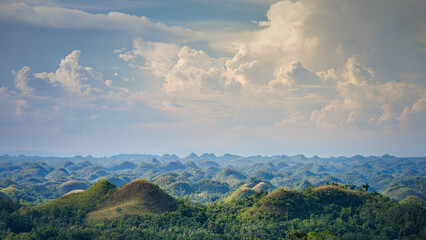 Clear Chocolate Hills panorama scenery after the rain (wide angle)