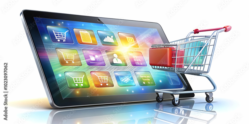 Poster high angle shot of a glossy tablet displaying floating holographic bar charts and dollar signs on wh