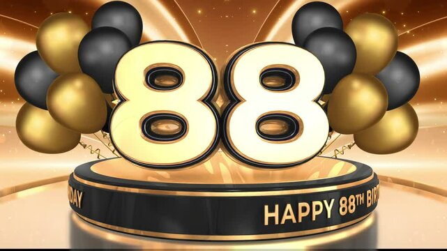 88 years, 88th birthday loop, looped video background, backdrop in 3D Gold with balloons
