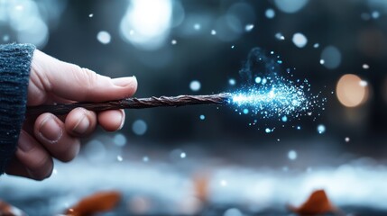 A hand gently holds a glowing magic wand, releasing sparkling particles into the air, creating a whimsical and enchanting atmosphere filled with wonder and fantasy.