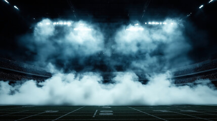 Foggy football stadium with bright floodlights illuminating the field during an evening or night event, creating a dramatic and atmospheric scene.